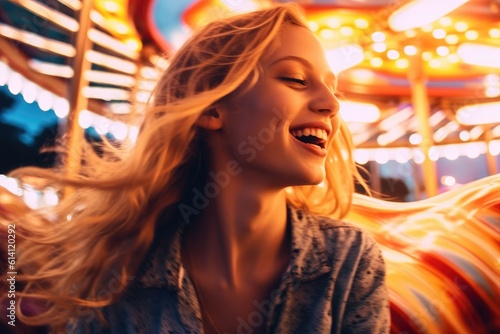 A close - up shot of a girl, her hair blowing in the wind, as she rides a carousel at an amusement park. Generative AI © Mustafa
