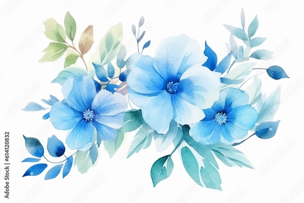 Watercolor painting of blue flowers and leaves isolated on white background created with Generative AI technology