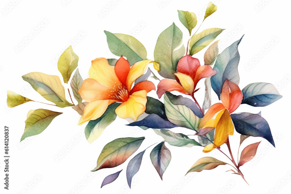 Watercolor painting of flowers and leaves isolated on white background created with Generative AI technology Watercolor painting of flowers and leaves isolated on white background created with Generative AI technology