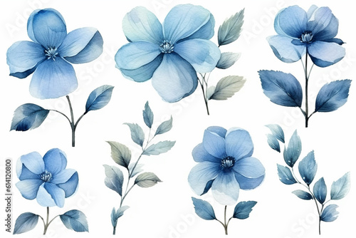 Watercolor painting of blue flowers and leaves isolated on white background created with Generative AI technology