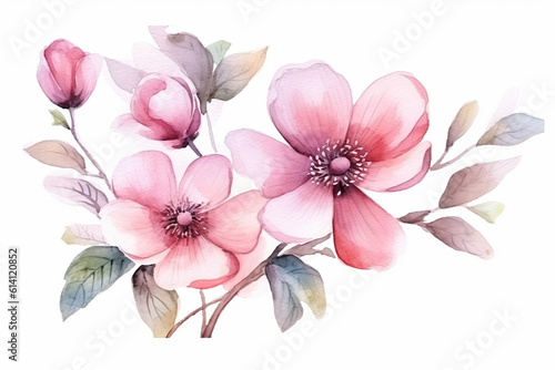 Watercolor painting of flowers and leaves isolated on white background created with Generative AI technology
