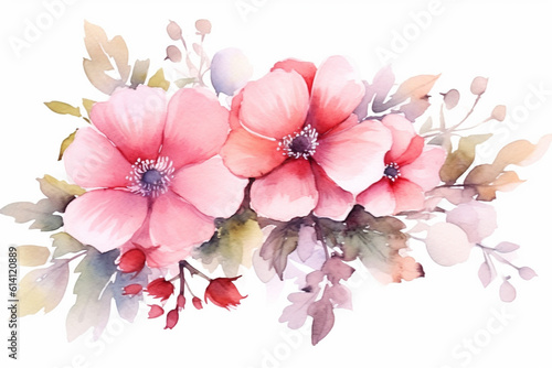 Watercolor painting of flowers and leaves isolated on white background created with Generative AI technology