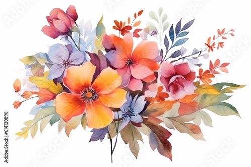 Watercolor painting of flowers and leaves isolated on white background created with Generative AI technology