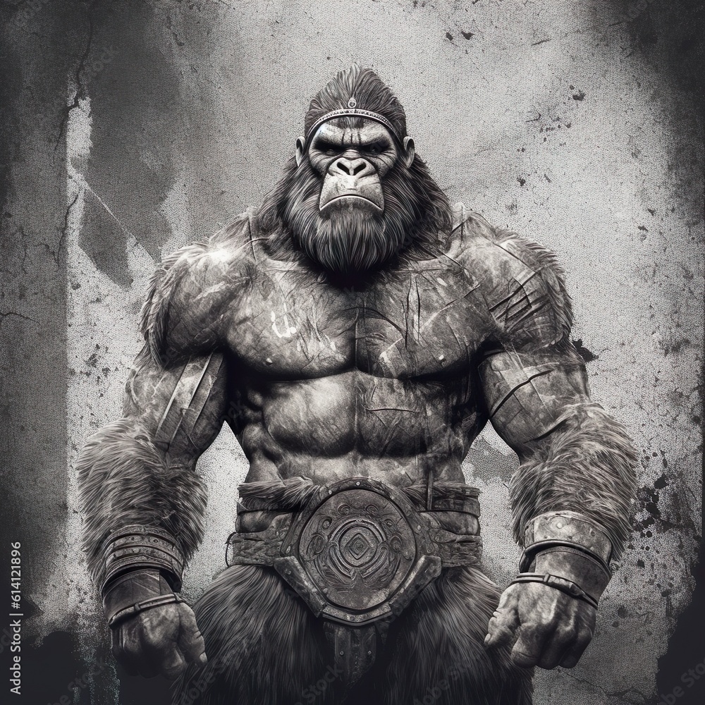 Fototapeta premium Mighty Ape Warrior: Muscular Gorilla Soldier in Duotone, Generated by Generative AI 