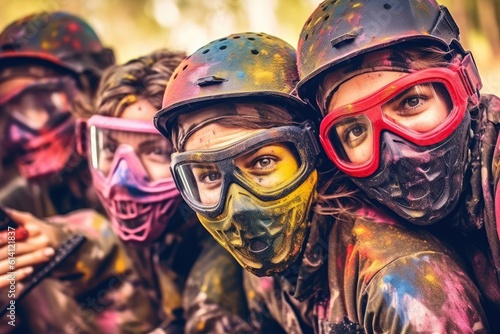 Close-up shot of group of happy friends playing paintball and having splashes of colorful paint on their faces. Generative AI