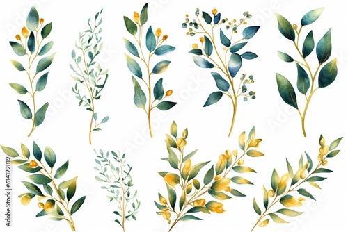 Watercolor floral illustration set - green & gold leaf branches collection, for wedding stationary, greetings, wallpapers, fashion, background. Eucalyptus, olive, green leaves, generative AI.
