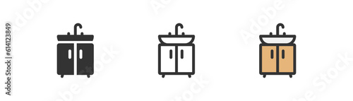 Sink with pedestal icon on light background. Bathroom symbol. Water, flow, washbasin, morning washing, washstand. Outline, flat and colored style. Flat design. Vector illustration