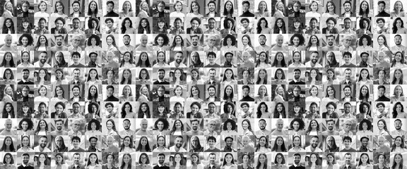 Large black and white collage, portrait of multiracial smiling different business people. A lot of happy modern people faces in mosaic collection. Successful business, team, career, diversity concept