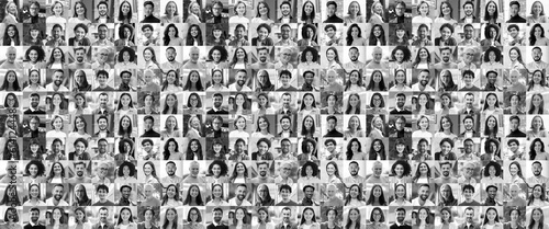 Large black and white collage, portrait of multiracial smiling different business people. A lot of happy modern people faces in mosaic collection. Successful business, team, career, diversity concept