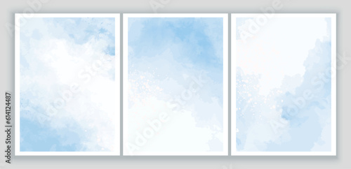 Set of blue watercolor backgrounds for stories, art banner with copy space for design, texture painting card, contemporary pattern. Vector illustration, modern template for invitation, decoration