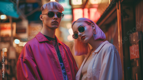Couple of young people from the 80s-90s, in an urban environment, Generative AI content.