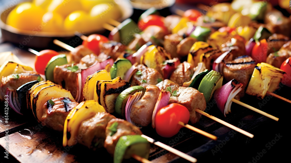 Skewers lying on a hot burning grill, grilled meat, Generative AI