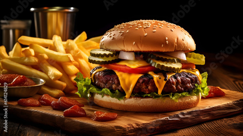Burger with cheese and vegetables with fries set on a wooden board, Generative AI