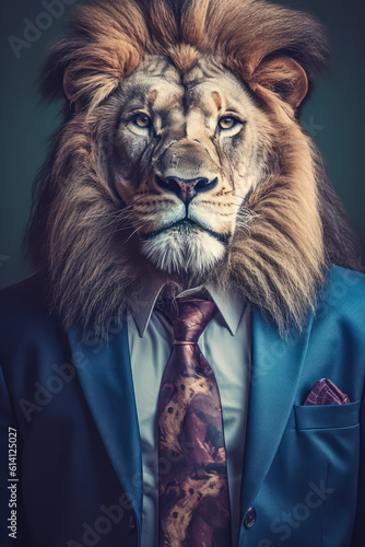Strong and powerful lion business man