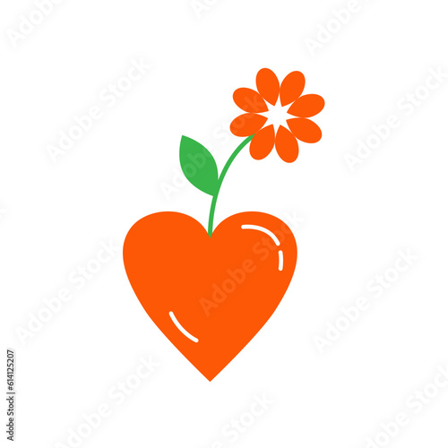 Flower growing from heart. Vector illustration of red heart icon with plant elements. Concept of love and incipient feeling.