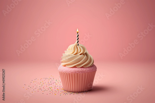 Birthday cupcake with a candle on a light pink background, generative AI