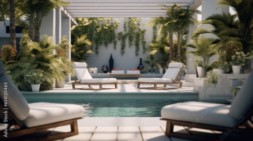 Fototapeta premium Exquisite interior lounge area near the swimming pool with sun loungers, hotel zone, SPA Relaxing holiday generative AI