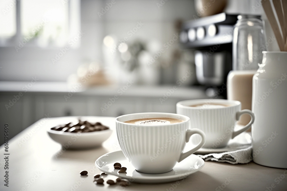 Coffee drinks in white cups on a kitchen counter, generative AI Coffee drinks in white cups on a kitchen counter, generative AI