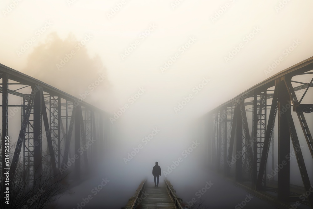 A man looking at a fog-covered bridge. generative AI A man looking at a fog-covered bridge. generative AI
