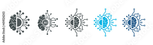  Human creative brain icon. Human brain and artificial intelligence processor chip icon concept. AI Human thin lines Flat Icon Solid style.Vector illustration.