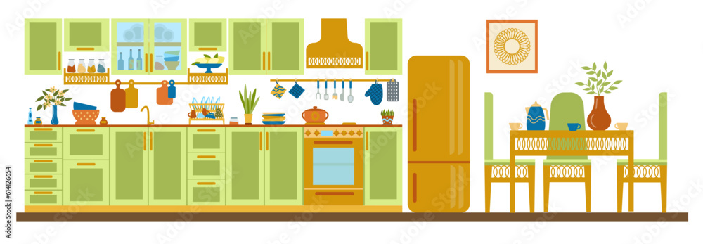 Vector concept art of the kitchen and dining room interior with modern Art Deco furniture. illustrations of a cozy interior with modern furniture, hand-drawn in a flat style.