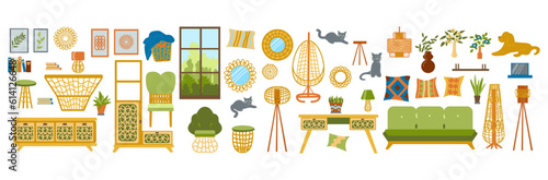 Vector collection of living room and study furniture and decor elements in a stylized Art Deco and modern style. Set of illustrations of furniture for a cozy interior, hand-drawn in a flat style.
