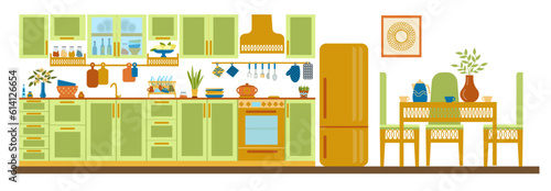 Vector concept art of the kitchen and dining room interior with modern Art Deco furniture. illustrations of a cozy interior with modern furniture, hand-drawn in a flat style.