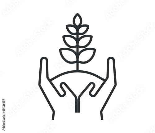 Wheat spike icon in human hand, agriculture concept, wheat icon on white background, web design. Vector graphics.
