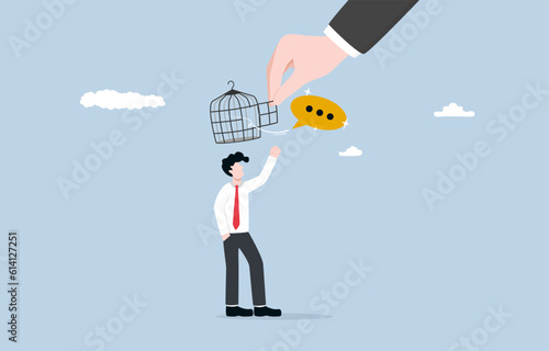 Freedom of thought from boss, giving more opportunity to express opinion, encouragement and support in workplace concept, Boss hand opening cage over businessman's head to release thought bubble.