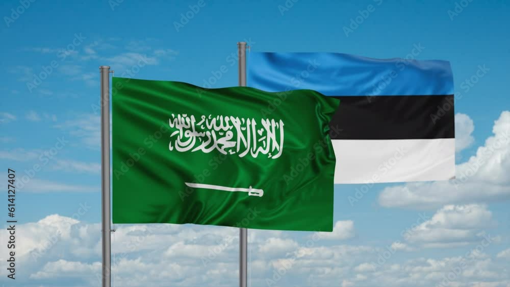 Estonia flag and Saudi Arabia flag waving together on blue sky, looped video, two country cooperation concept Estonia flag and Saudi Arabia flag waving together on blue sky, looped video, two country cooperation concept
