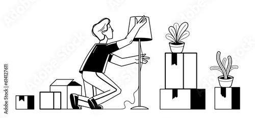 Moving to new apartment or business moving to new office, person carry and unpack boxes with stuff, beginning of new life, vector outline illustration.