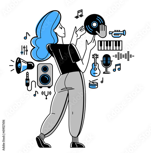 Music producer composing new track vector outline illustration, sound engineer doing his job in recording studio, composer creating audio mix.