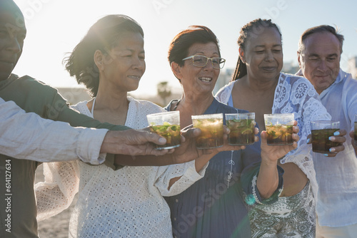 Canvas Print Multiracial senior friends cheering with mojitos drinks on the beach - Elderly p