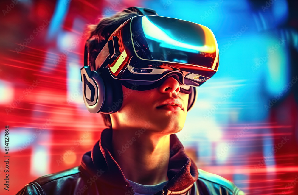 Portrait of a young man wearing virtual reality goggles. Future technology concept. created with generative AI technology. Portrait of a young man wearing virtual reality goggles. Future technology concept. created with generative AI technology.