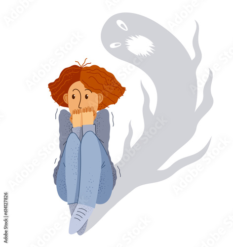 Sciophobia fear of shadows vector illustration, girl is scared by her own shadow with imaginary scary face scared in panic attack, psychology mental health concept.