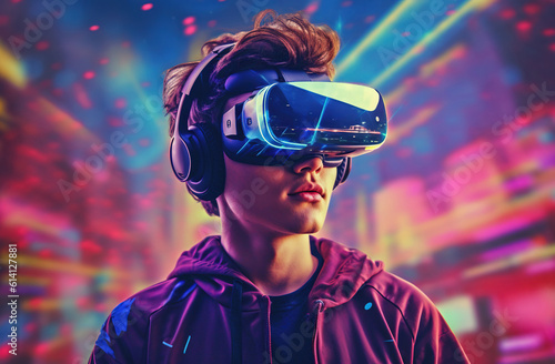 Portrait of a young man wearing virtual reality goggles. Future technology concept. created with generative AI technology. © hakule