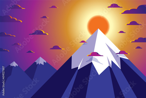 Beautiful mountain landscape with setting sun in the evening, sundown over peak scenic nature vector illustration, tranquil calm image for relaxing.