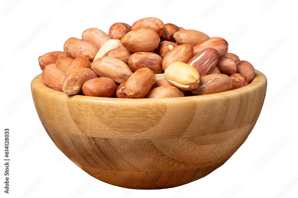 Peanut isolated on white background. Peanuts peeled in a wooden bowl. superfood. Vegetarian food concept. healthy snacks. close up Peanut isolated on white background. Peanuts peeled in a wooden bowl. superfood. Vegetarian food concept. healthy snacks. close up