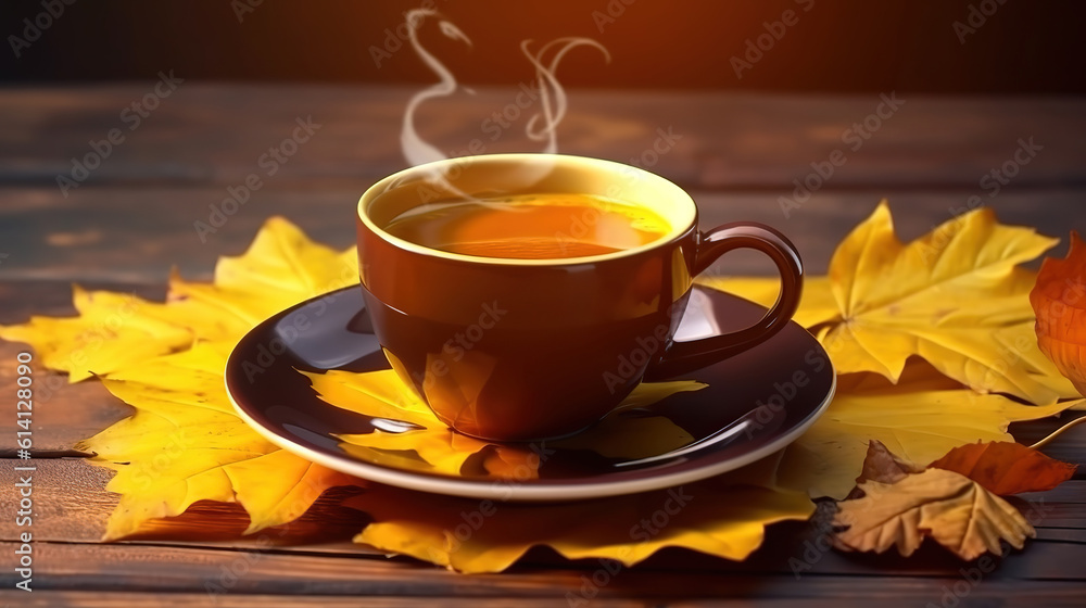 Coffee espresso on wood table nature background in autumn morning . Generative Ai
