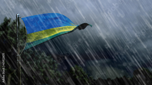 flag of Rwanda with rain and dark clouds, windstorm forecast symbol - nature 3D rendering