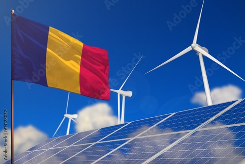 Chad renewable energy, wind and solar energy concept with windmills and solar panels - renewable energy - industrial illustration, 3D illustration