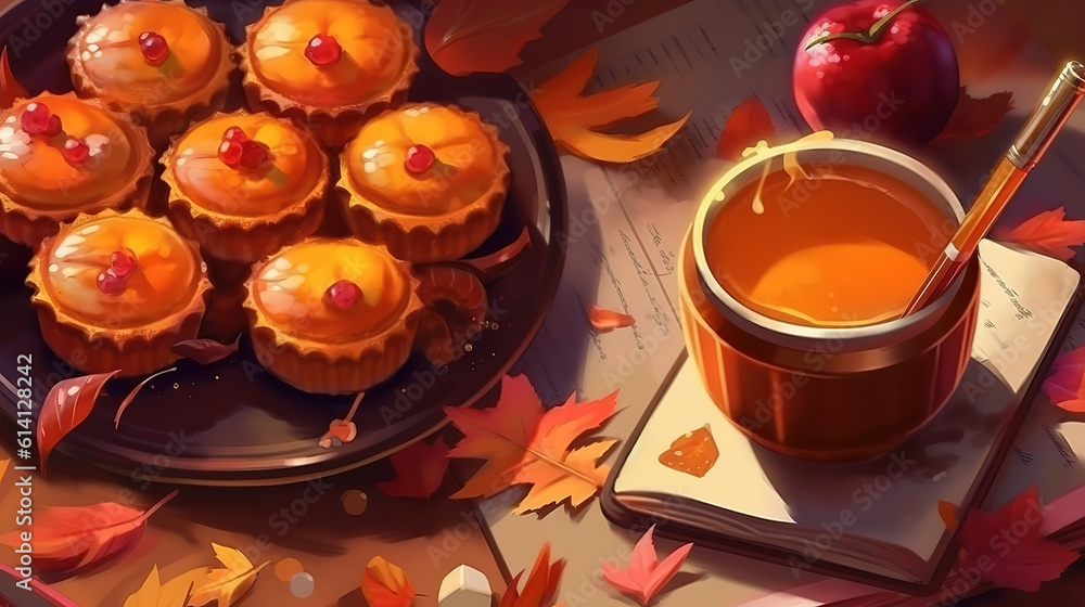 Fototapeta premium Autumn tea dessert and notebook on autumn leaves. Generative Ai