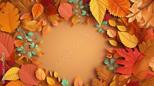 Autumn surface with frame for text and leaves, bright color. Generative Ai