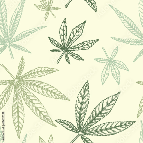 Marijuana leaves seamless pattern. Cannabis hand drawn vintage background. Vector illustration in sketch style. Weed engraving design