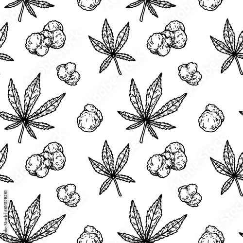 Marijuana leaves and buds seamless pattern. Cannabis hand drawn vintage background. Vector illustration in sketch style. Weed engraving design