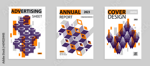Abstract vector covers and posters with 3D isometric cubes blocks, geometric construction with blocks shapes and forms, print advertisement, magazine or book.