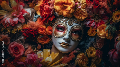 Generative AI. Beautiful woman with a Venice mask with a lot of flowers