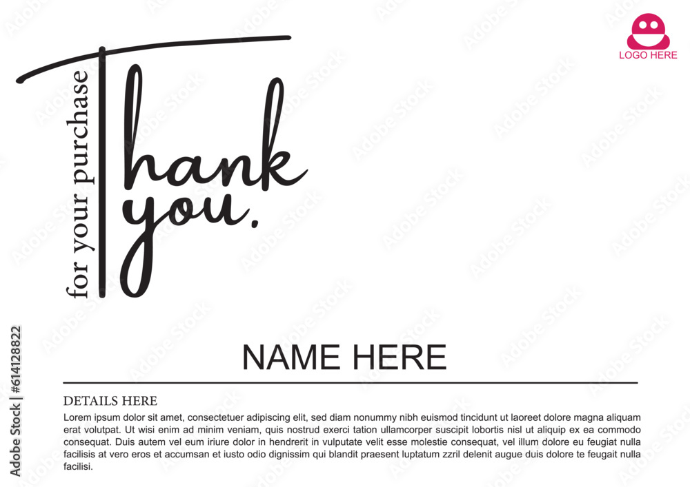 Thank You Card. Thank you for your purchase. modern design with calligraphic background. Vector typography.