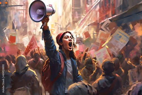 young woman with megaphone in crowd of people protesting in streets, painting created with generative ai 
