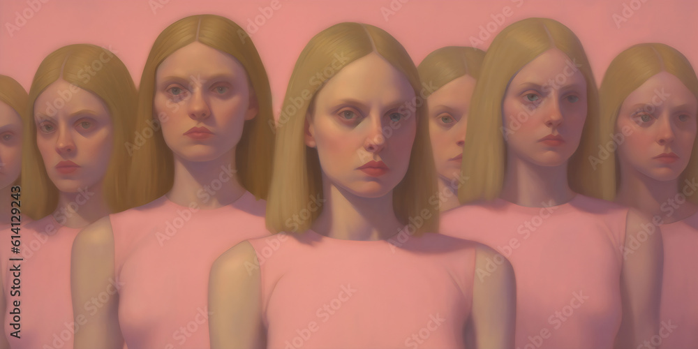 group of identical serious, blonde women doppelgängers wearing pink, painting made with generative ai 